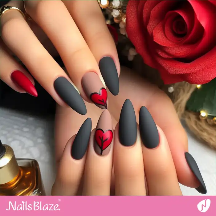 Matte Nails with Red Hearts for Love Day | Valentine Nails - NB2130